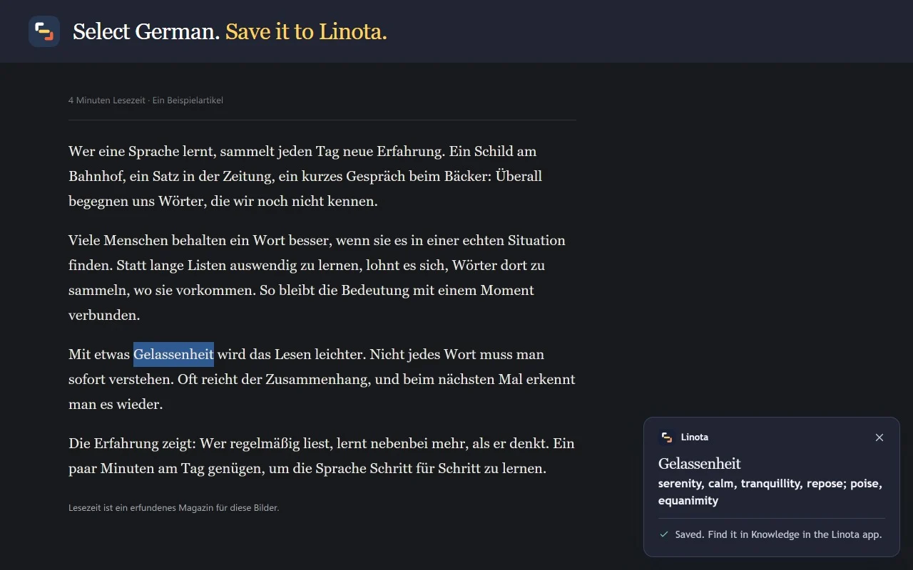 Selecting Gelassenheit on a webpage and saving it with Linota’s Chrome extension