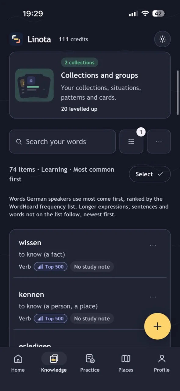 Saved words in Knowledge, sorted with most common first